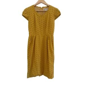 Parienne Eyelet Shift Mini Dress Womens Sz 4 Yellow Cottagecore Peasant Whimsy